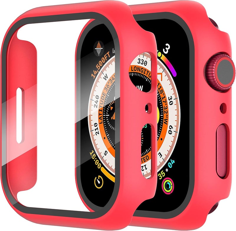 Diruite Apple Watch Series 7 45mm Case, 2-Pack Tempered Glass Screen Protector, Red - Image 1